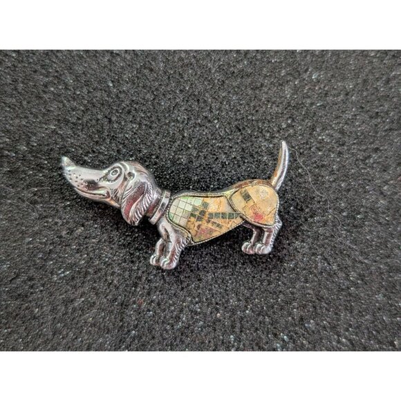 Vintage Dachshund Pin Brooch With Mosaic Inlay Design Made In Germany - Picture 1 of 5
